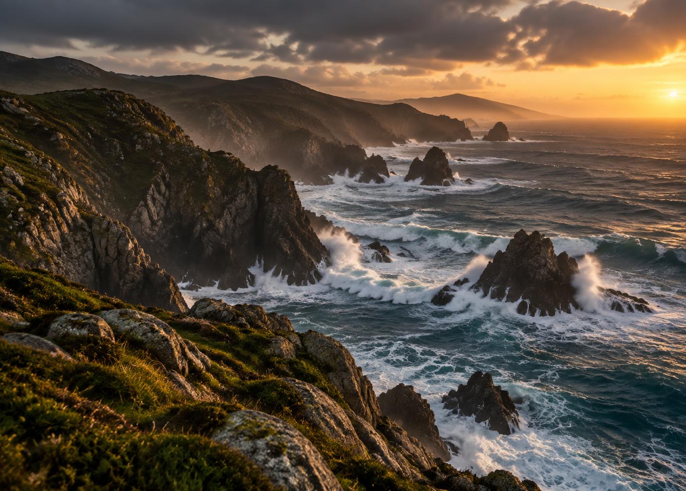 Acantilados y mar bravío de la Costa da Morte al atardecer