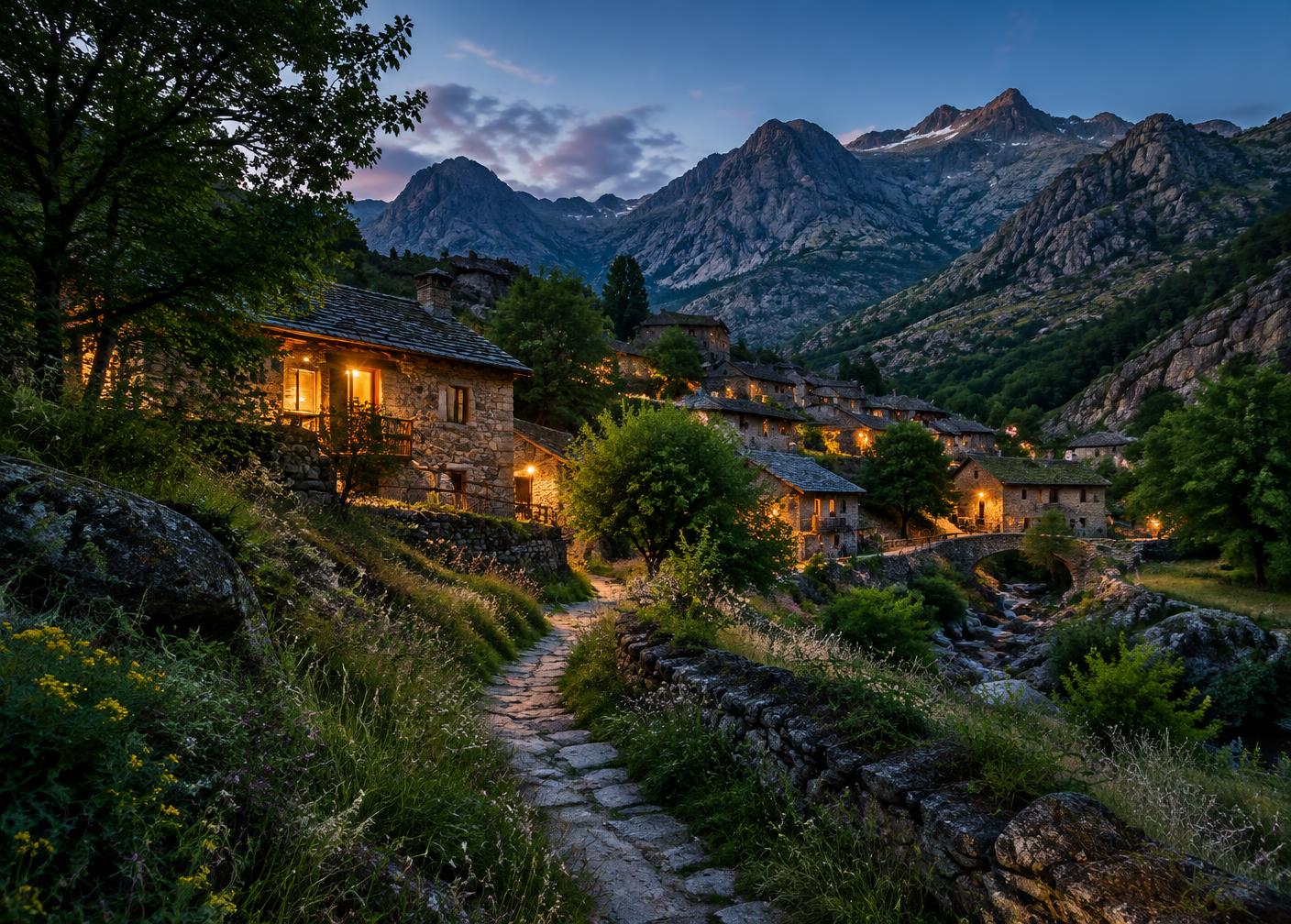 Pueblo de piedra iluminado en la Sierra de Gredos